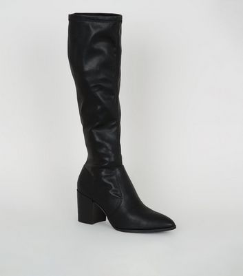 Black Leather-Look Knee High Heeled 