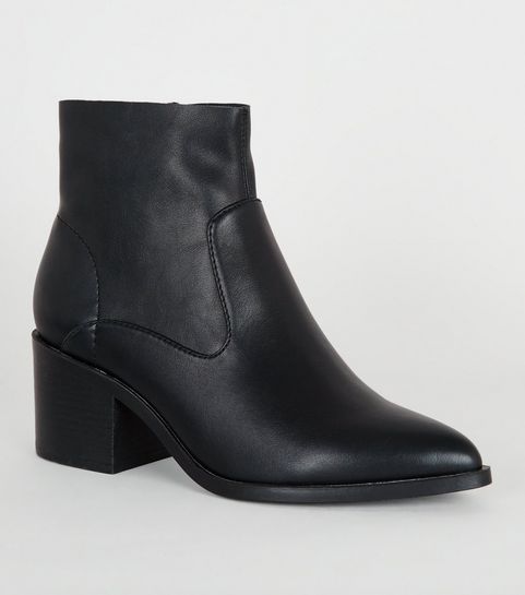 Black Leather-Look Pointed Ankle Boots