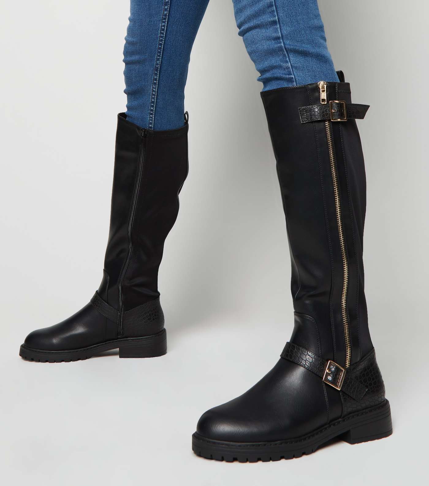 Black Side Zip Chunky Knee High Boots Image 2