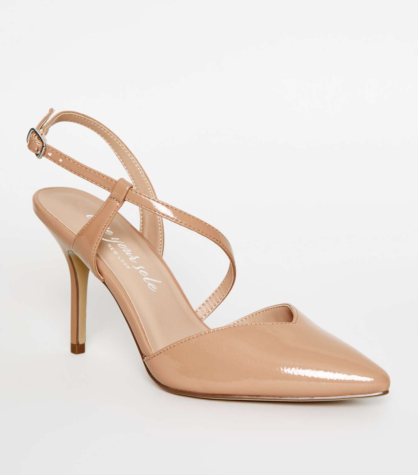 Camel Patent Strappy Pointed Stiletto Courts