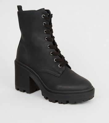 Black Leather-Look Chunky Block Heel Boots | New Look