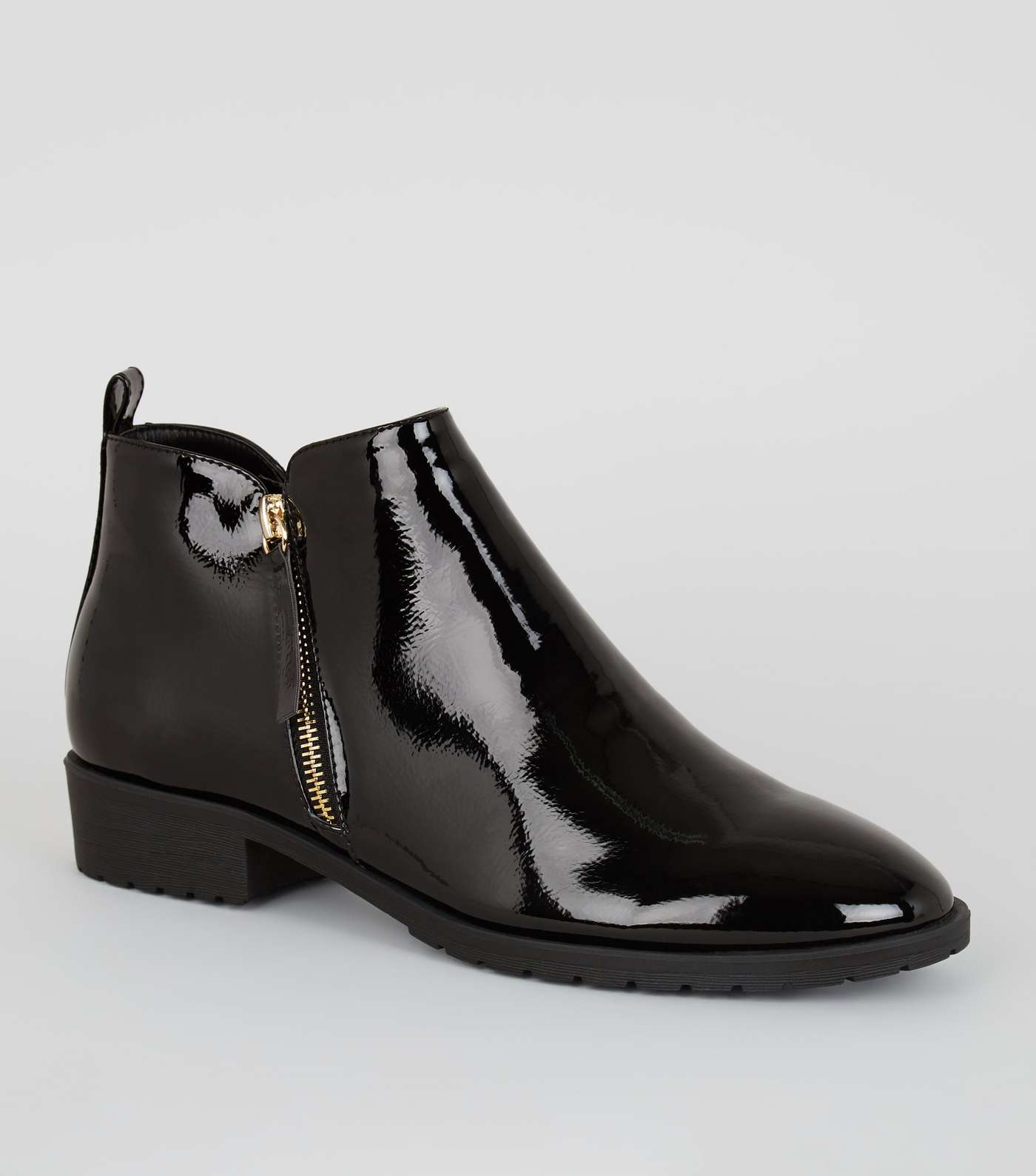Black Patent Zip Side Flat Ankle Boots