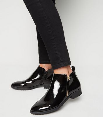 Black Patent Zip Side Flat Ankle Boots 