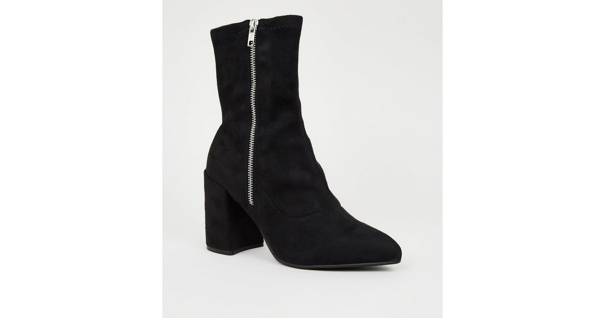 Black Suedette Flared Block Heel Sock Boots New Look