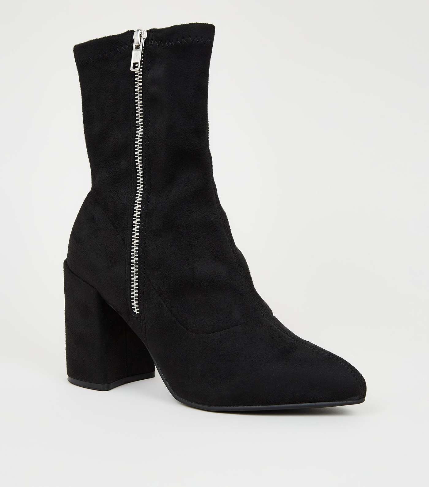 Black Suedette Flared Block Heel Sock Boots