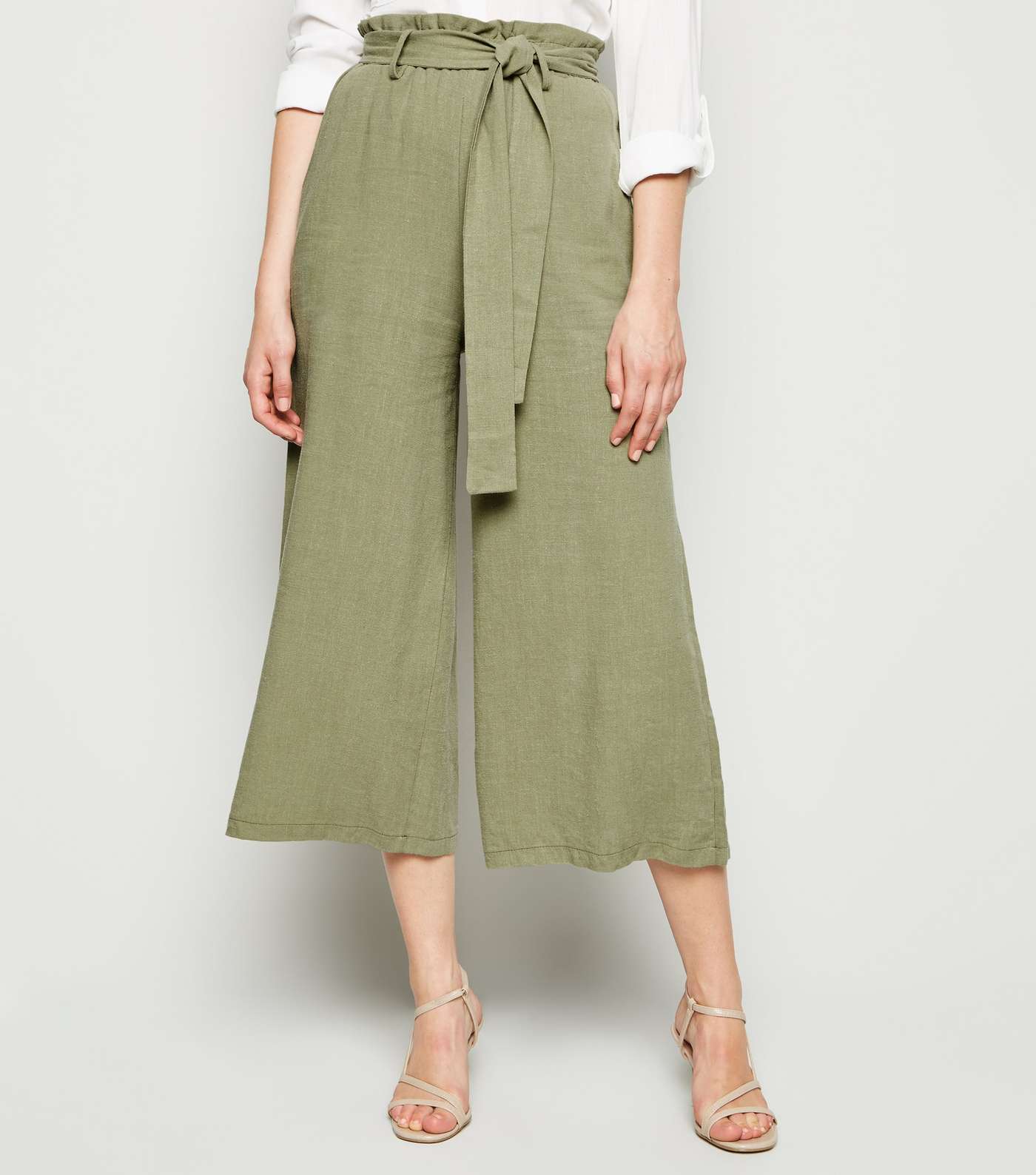 Khaki Linen Look High Waist Crop Trousers Image 3