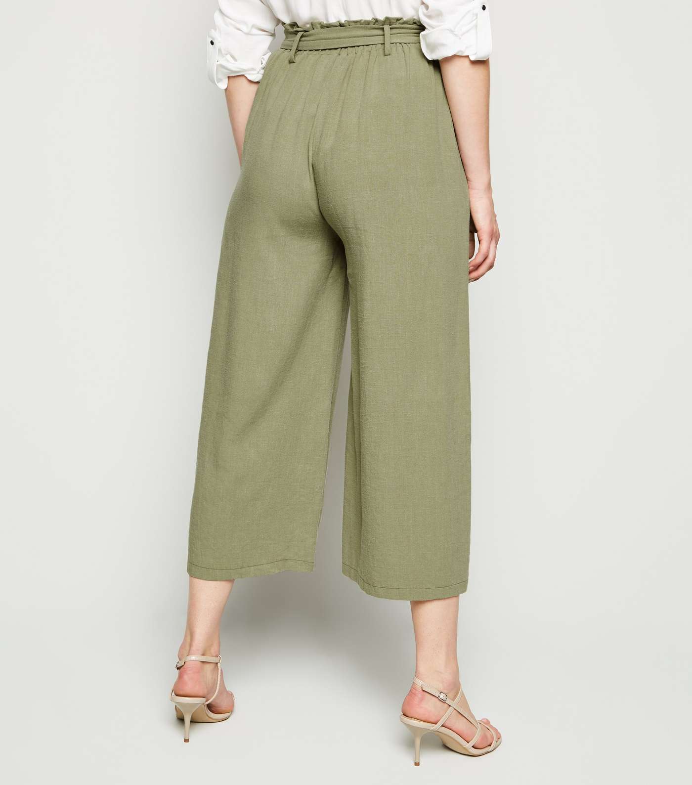 Khaki Linen Look High Waist Crop Trousers Image 5