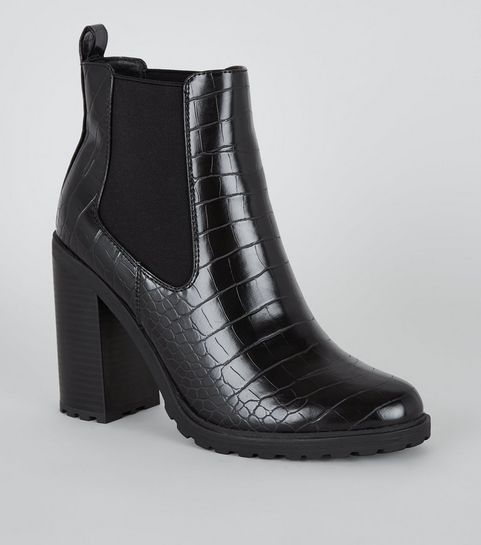 Black Faux Croc Chunky Boots