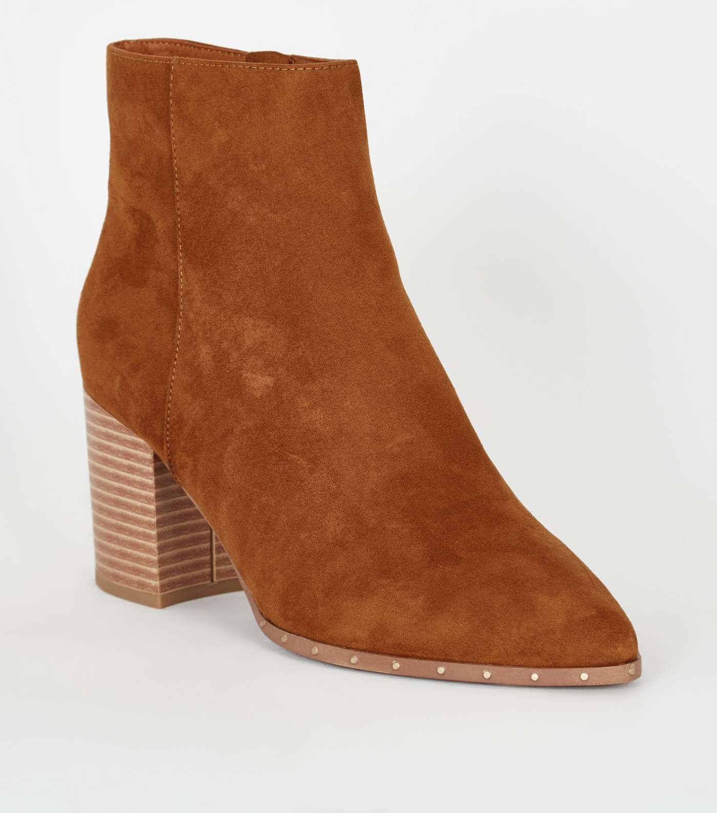 Tan Suedette Stud Heeled Ankle Boots