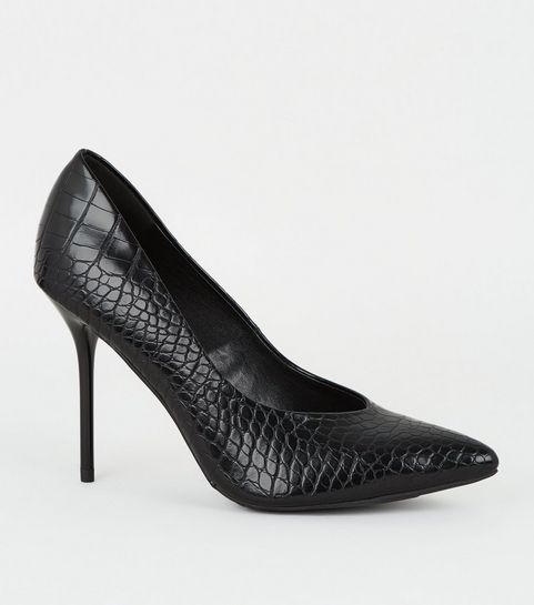 Black Faux Croc Stiletto Heel Courts