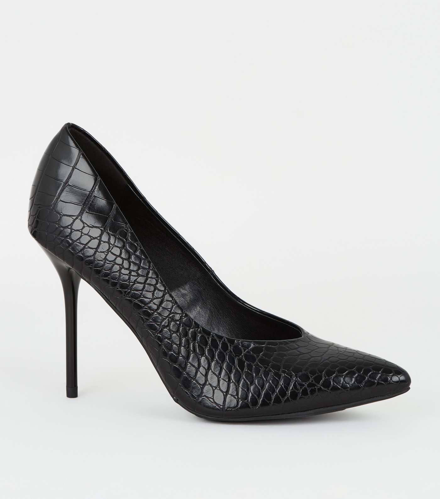 Black Faux Croc Stiletto Heel Court Shoes
