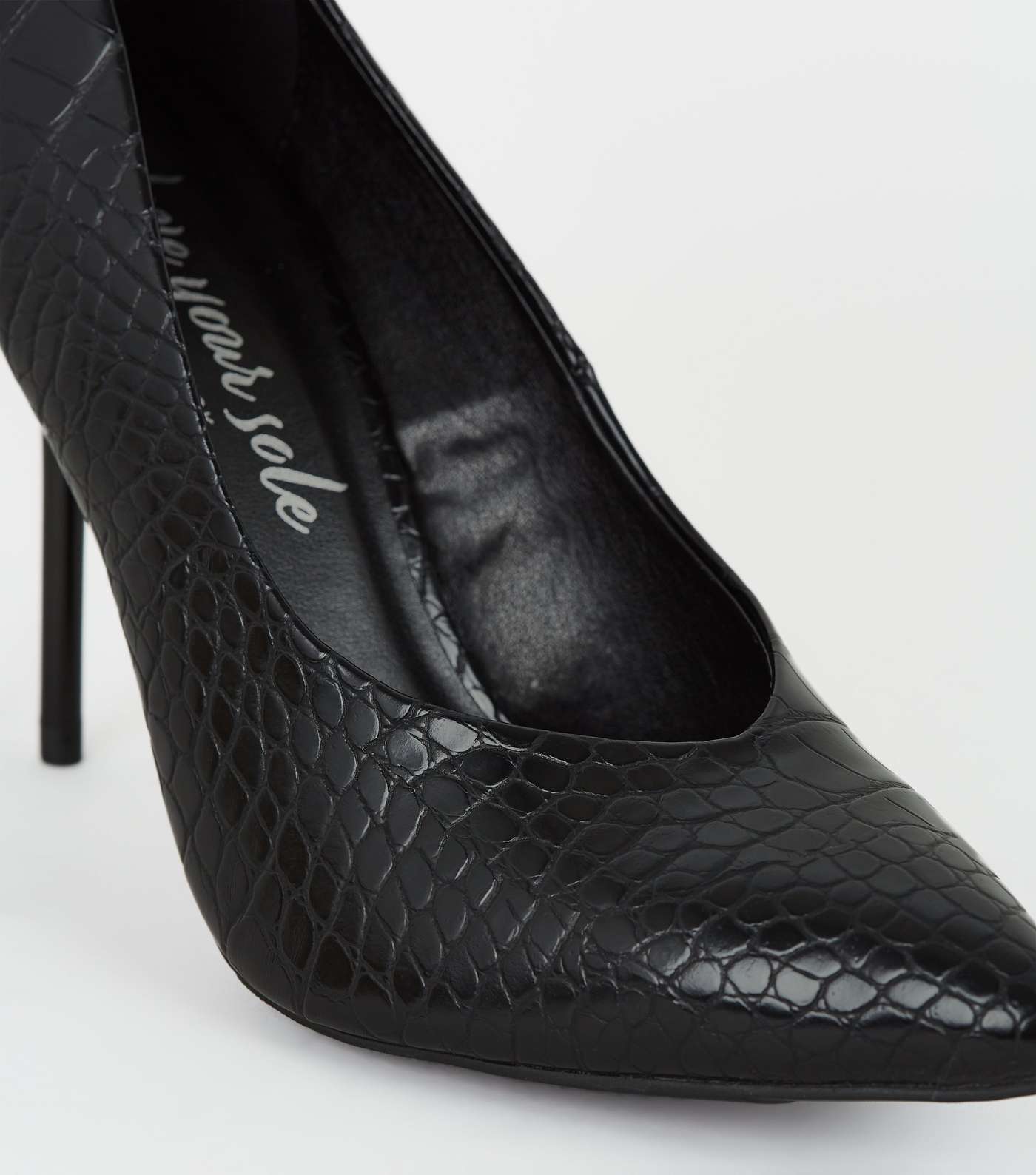 Black Faux Croc Stiletto Heel Court Shoes Image 3