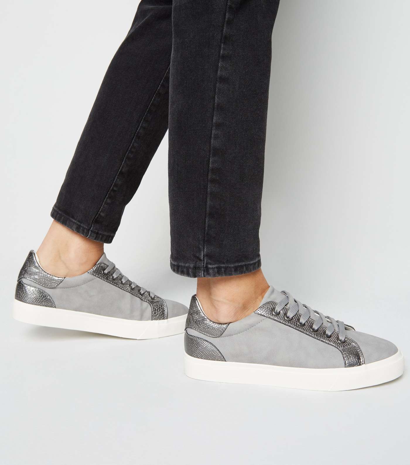 Grey Suedette Faux Snake Panel Trainers Image 2