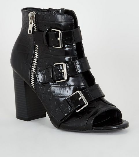 Black Faux Croc Peep Toe Block Heels