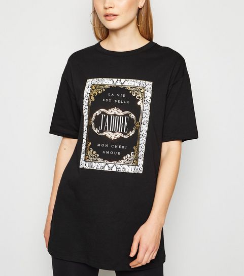 Schwarzes, langärmgliges T-Shirt mit „J‘Adore”-Aufschrift in Metallic-Optik