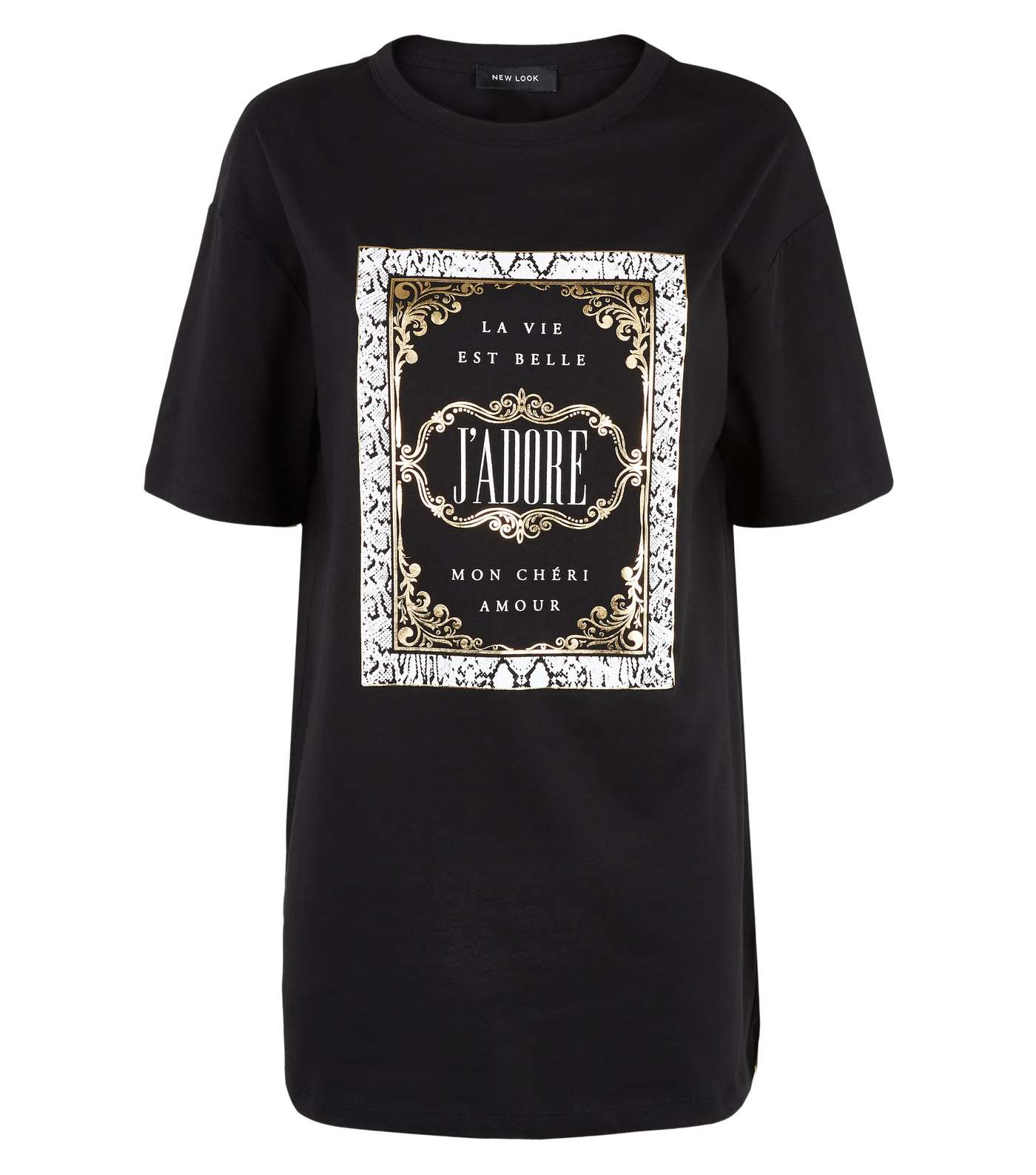 Black J'Adore Metallic Longline Slogan T-Shirt Image 4