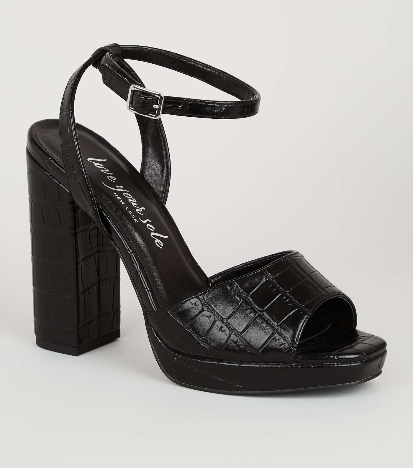 Black Faux Croc Square Toe Platform Heels