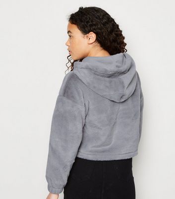 Girls Grey Faux Fur Hoodie New Look