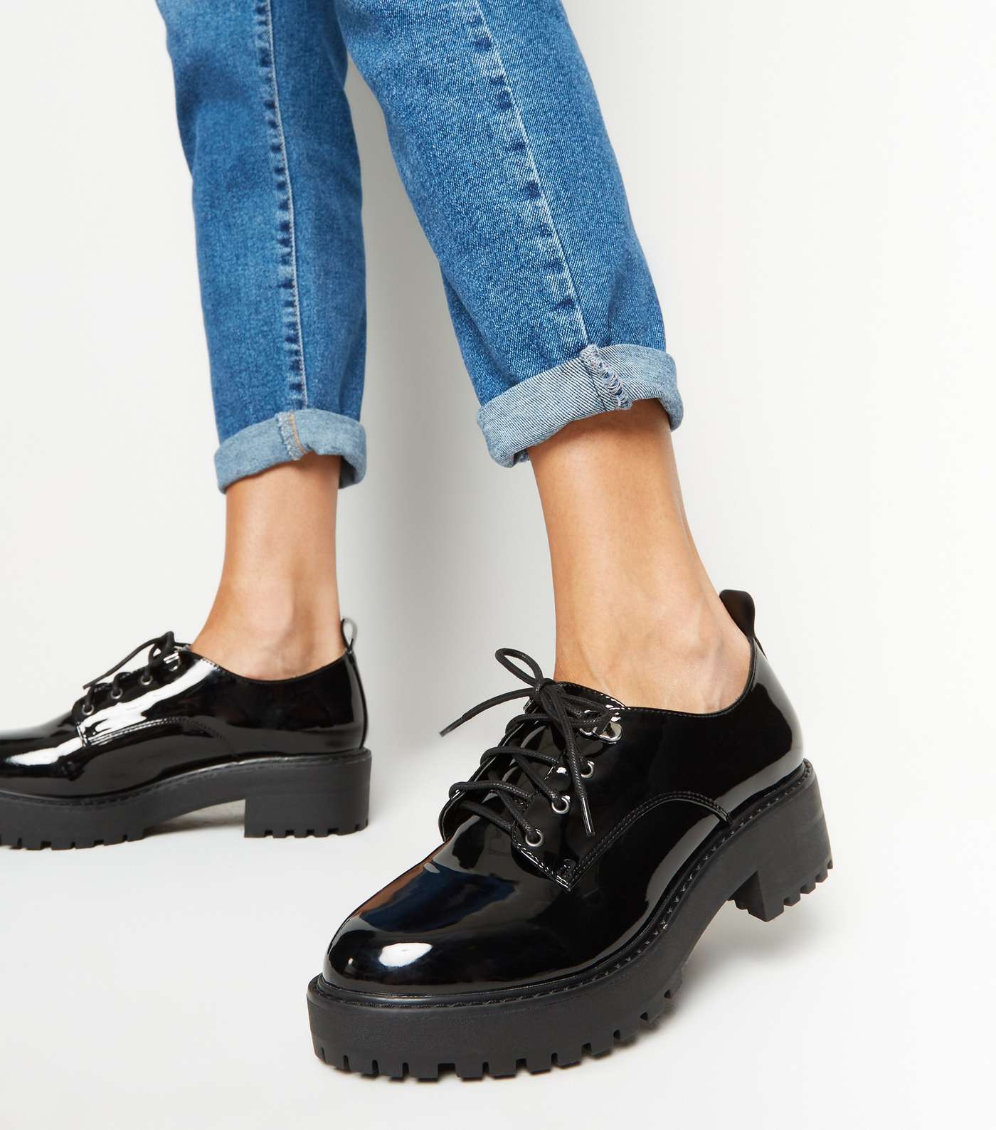Black Patent Chunky Lace Up Shoes Image 2