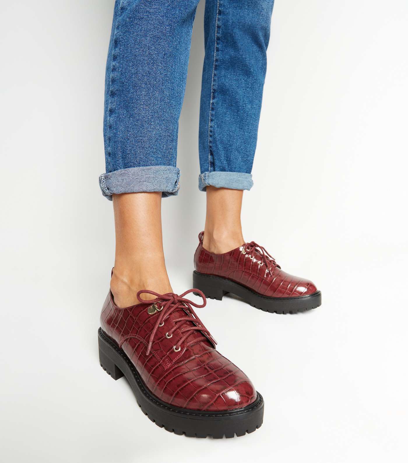 Burgundy Faux Croc Chunky Lace Up Shoes Image 2