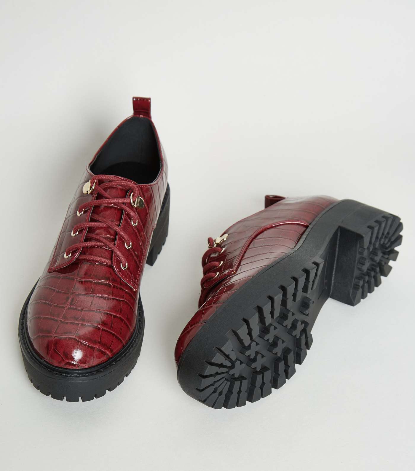 Burgundy Faux Croc Chunky Lace Up Shoes Image 4