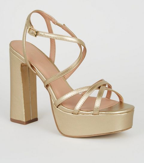 Gold Leather-Look Strappy Platform Heels
