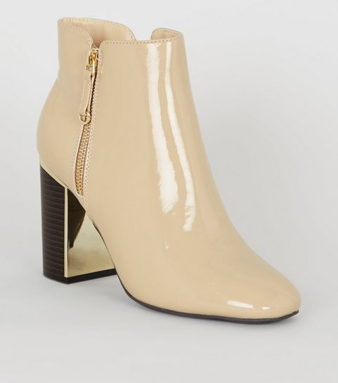 Cream Patent Metal Block Heel Boots