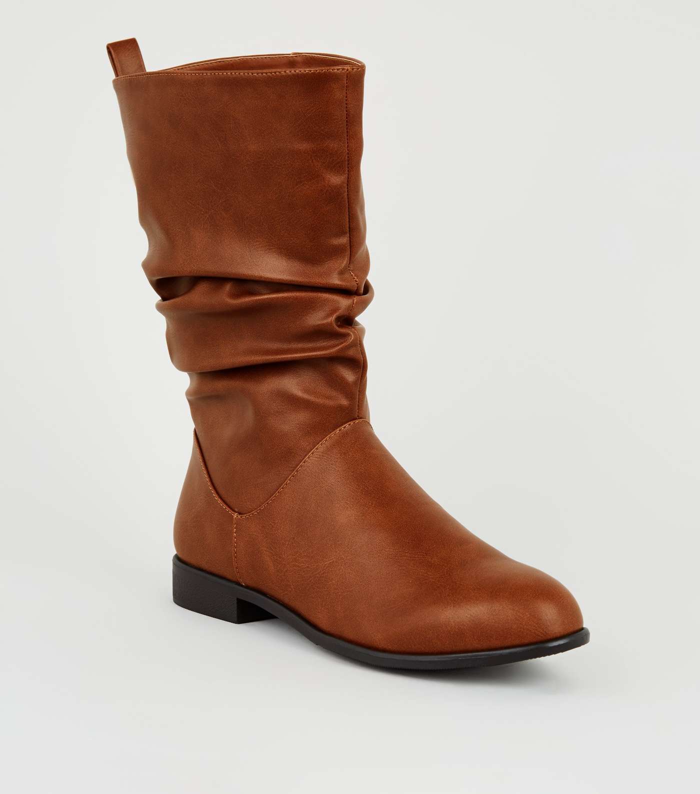 Tan Leather-Look Slouch Calf Boots