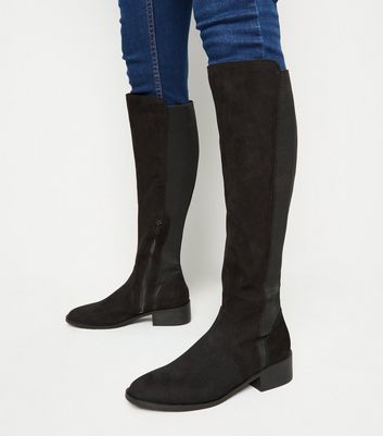 Black Suedette Flat Knee High Boots 