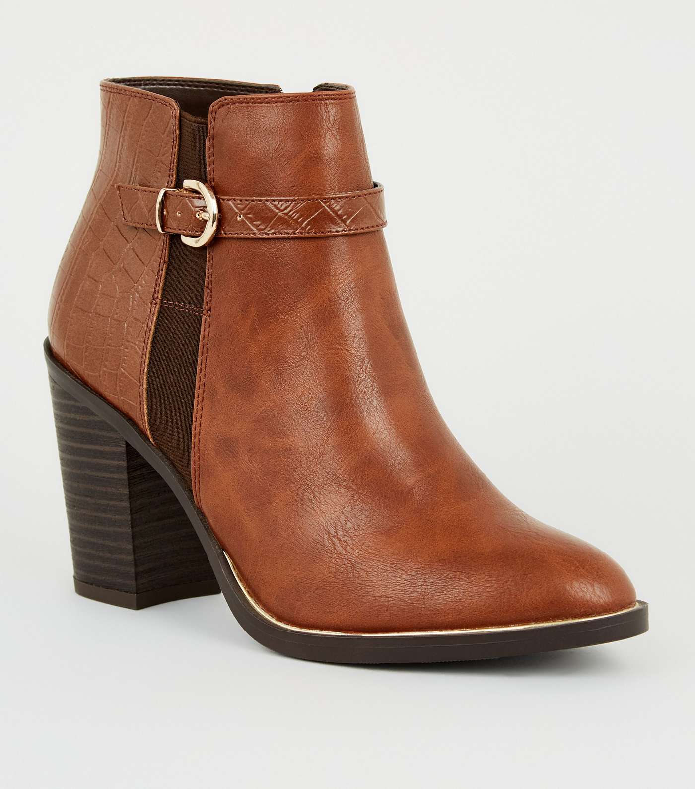 Tan Faux Croc Panel Heeled Ankle Boots
