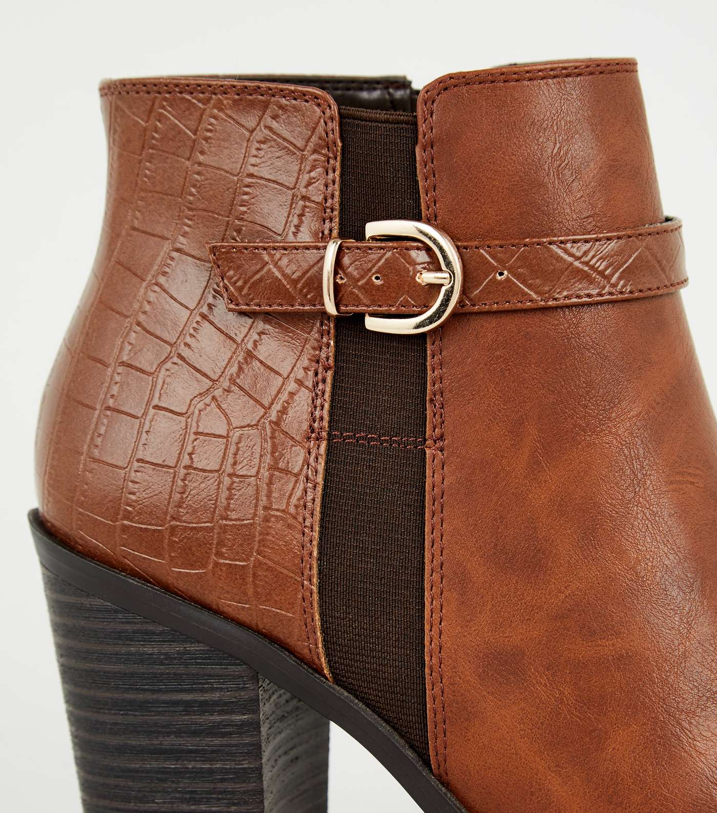 Tan Faux Croc Panel Heeled Ankle Boots Image 3