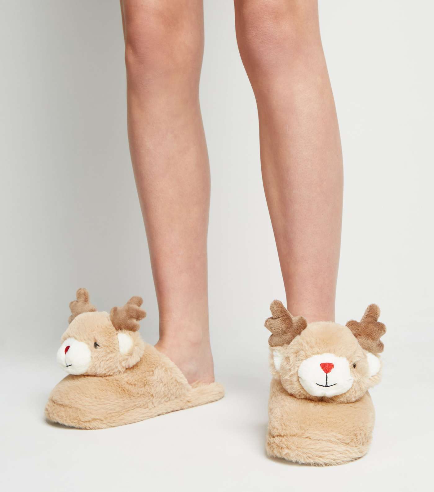 Girls Tan Faux Fur Christmas Reindeer Slippers Image 2
