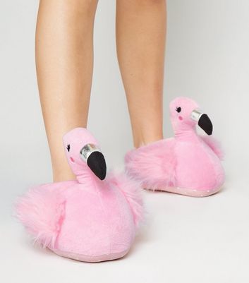 Girls Pink Faux Fur Flamingo Slippers 