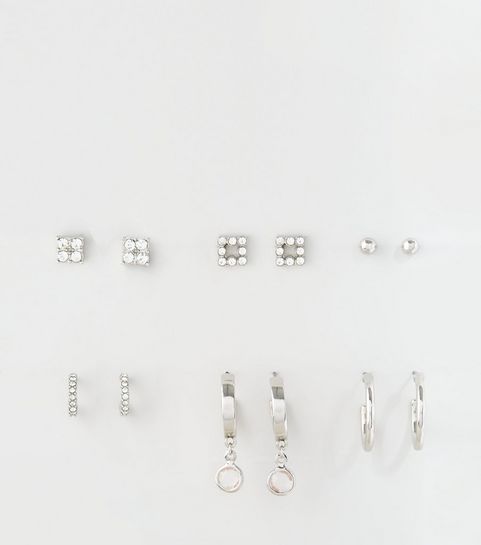 6 Pack Silver Diamanté Mixed Earrings