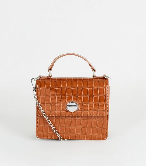Tan Faux Croc Top Handle Cross Body Bag