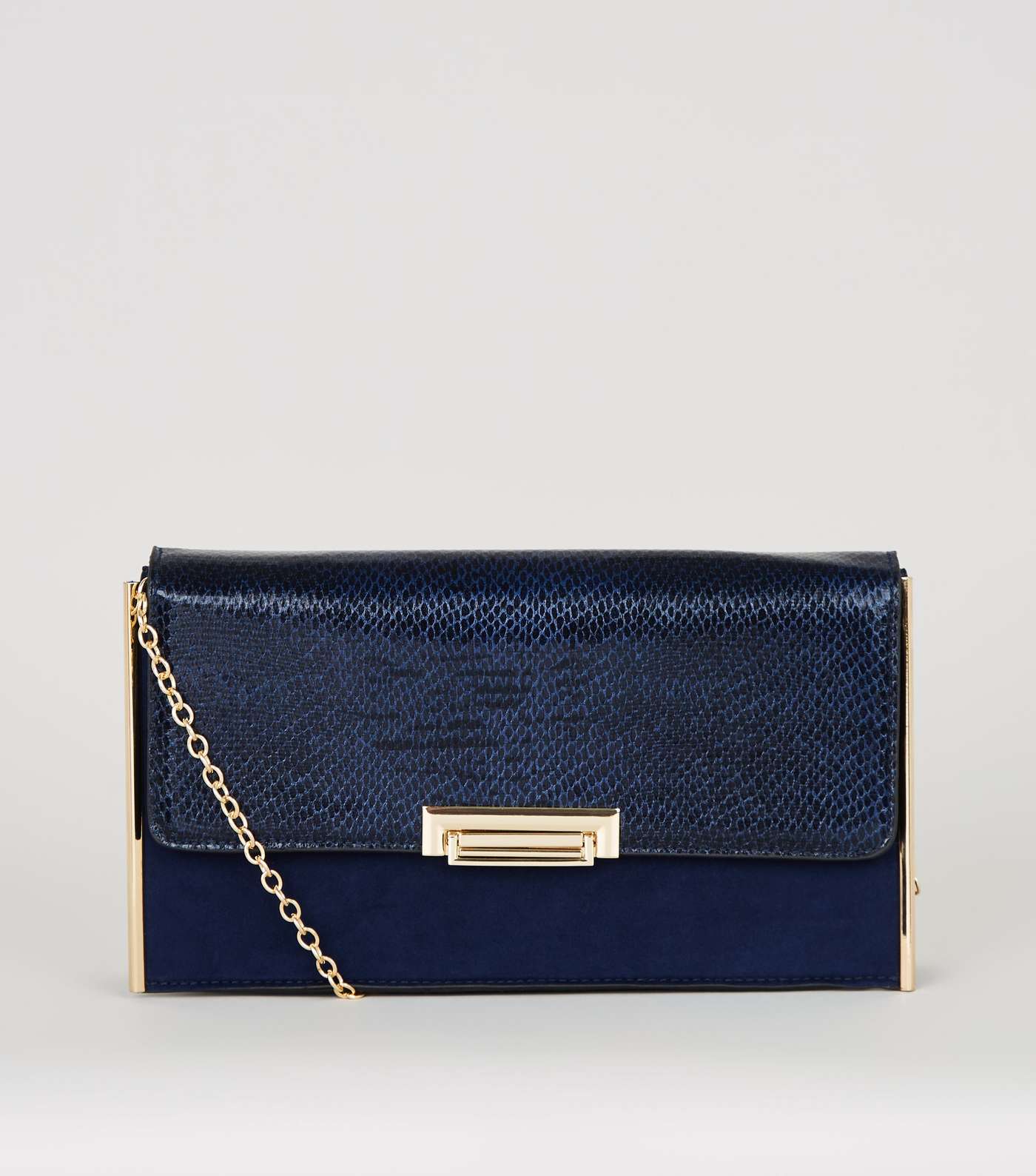 Navy Faux Snake Suedette Structured Clutch Bag
