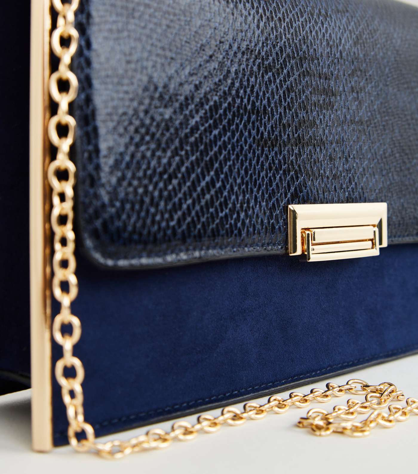 Navy Faux Snake Suedette Structured Clutch Bag Image 3