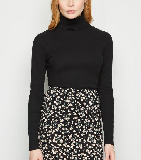 Black Ribbed Long Sleeve Roll Neck Top