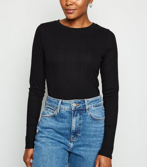 Black Ribbed Stretch Long Sleeve T-Shirt