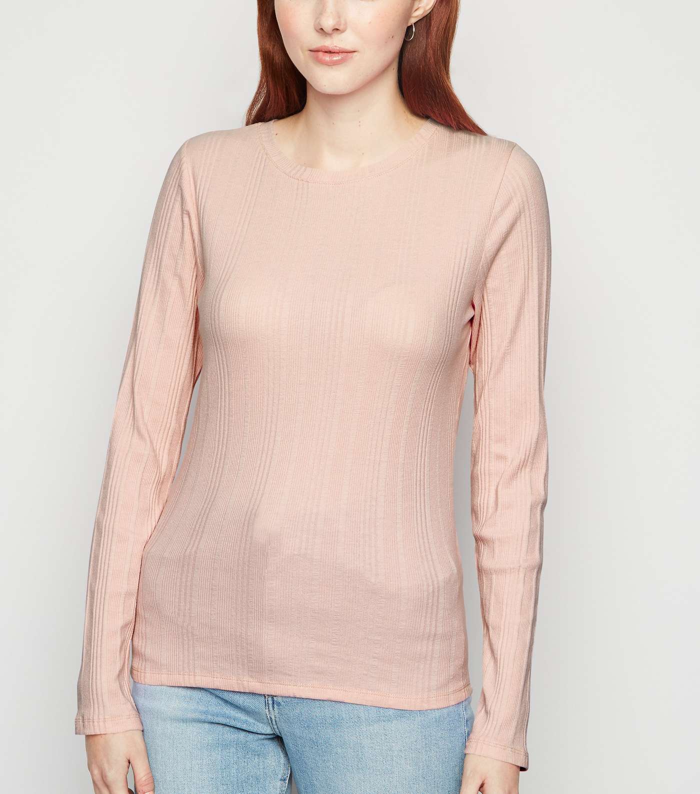 Pale Pink Ribbed Stretch Long Sleeve T-Shirt
