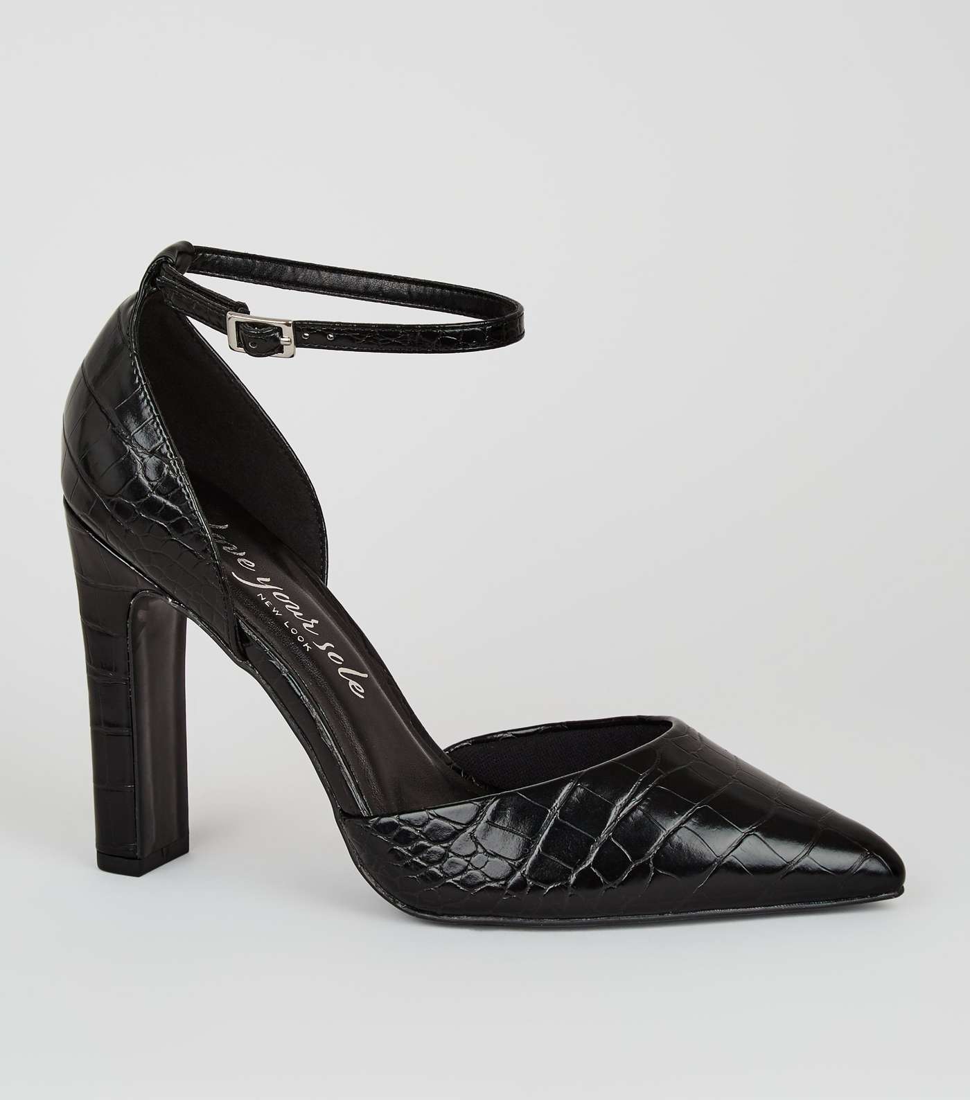 Wide Fit Black Patent Faux Croc Court Shoes