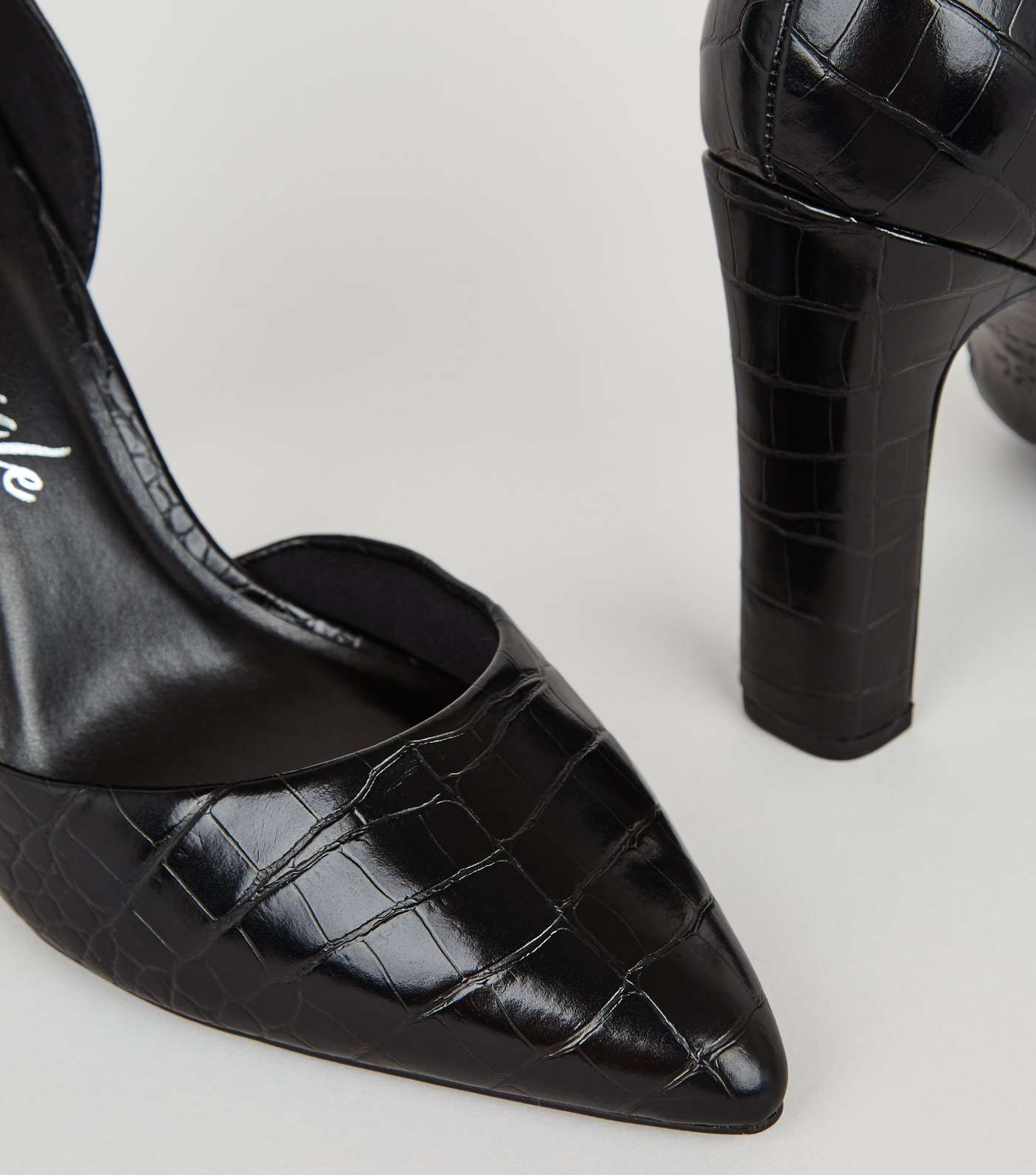 Wide Fit Black Patent Faux Croc Court Shoes Image 3