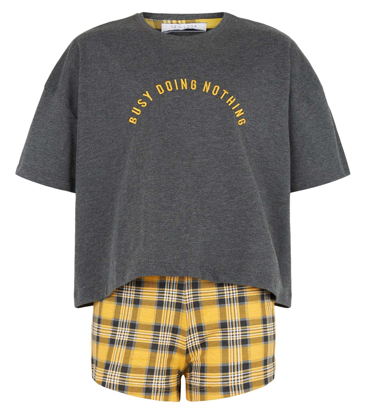 Girls Dark Grey Check Slogan Pyjama Set Image 4
