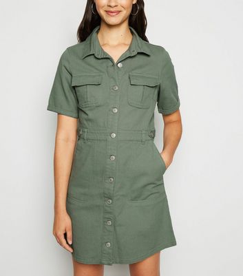 Green Denim Utility Shirt Dress 
