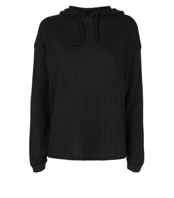 Black Fine Knit Ribbed Hoodie | New Look