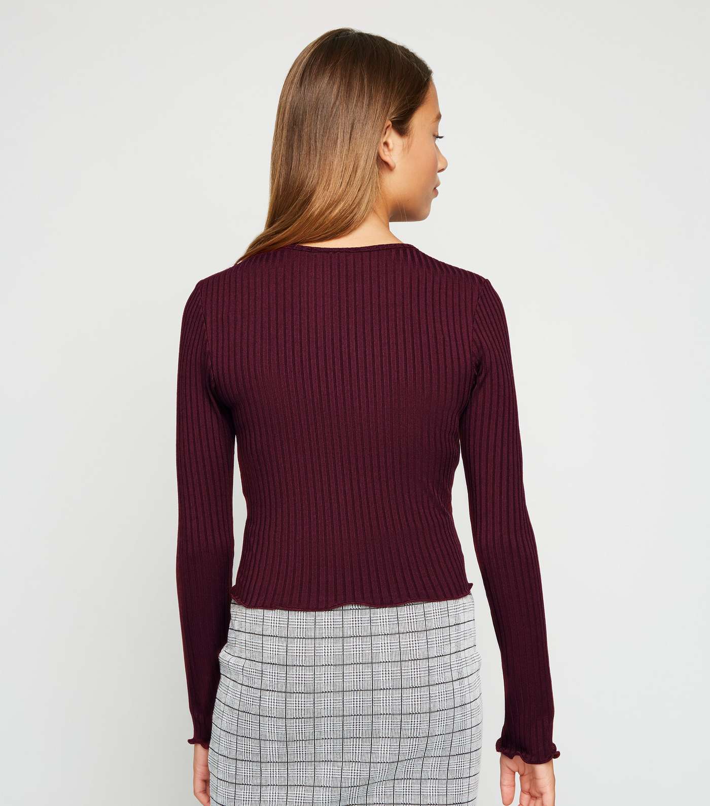 Girls Burgundy Frill Trim Long Sleeve T-Shirt Image 3