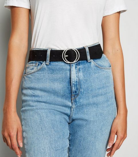 Ceinture à boucle circulaire à strass en suédine noire