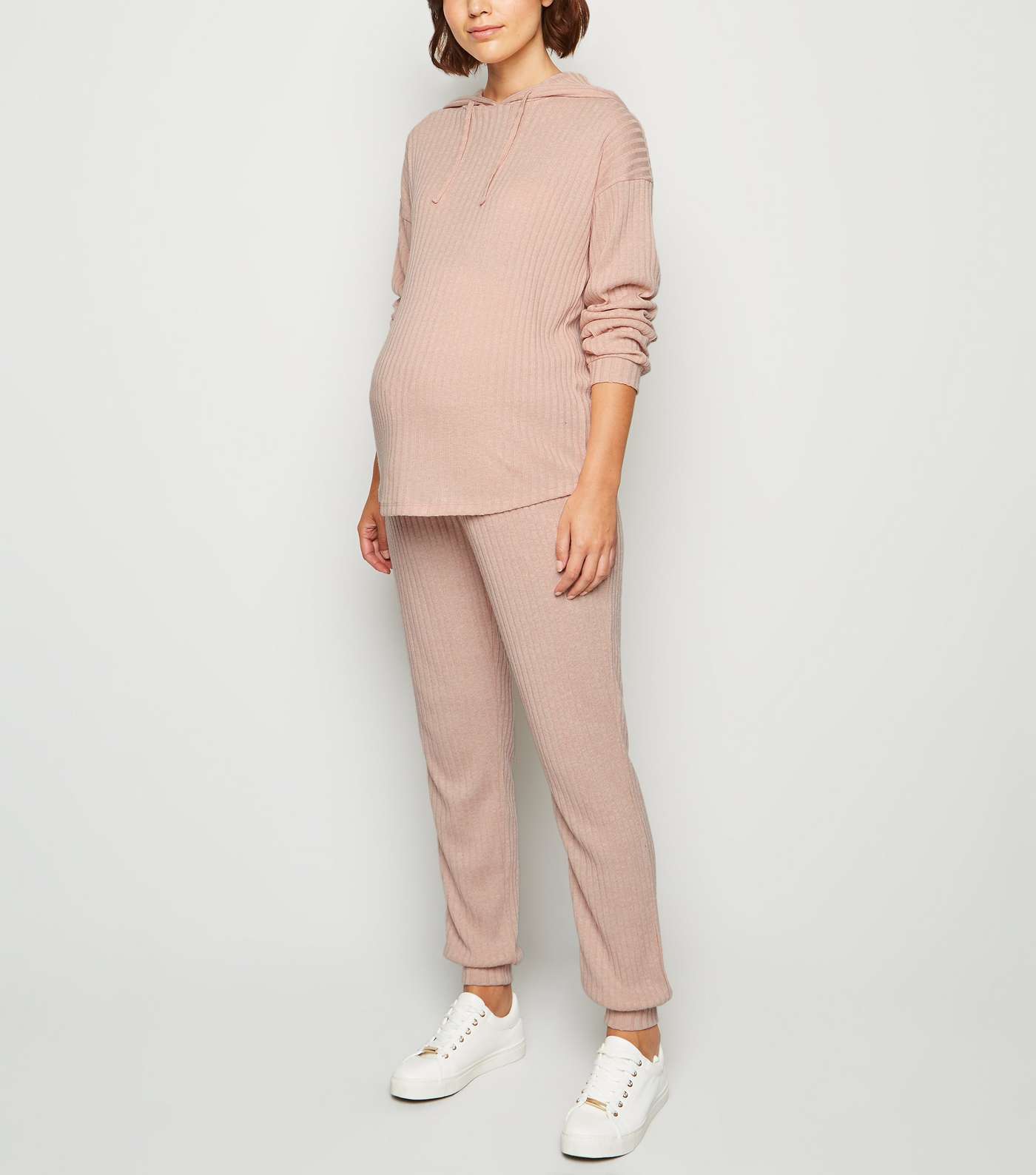 Maternity Pale Pink Ribbed Fine Knit Hoodie Image 2