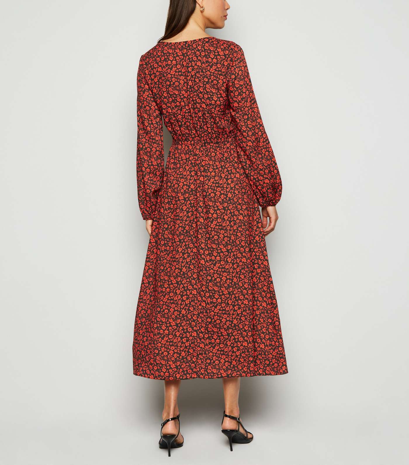 Red Ditsy Floral Button Up Midi Dress Image 2