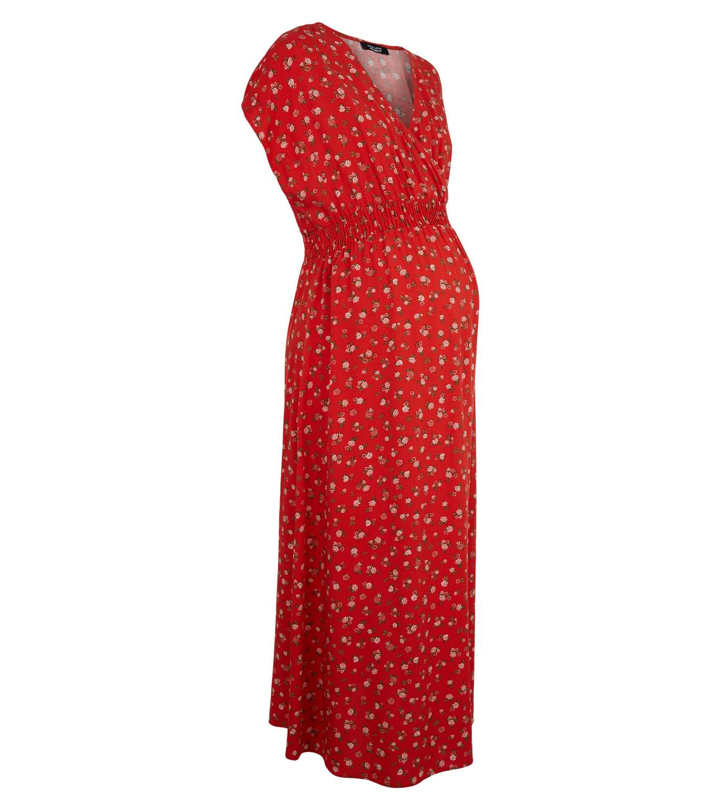 Maternity Red Floral Shirred Waist Midi Dress Image 4